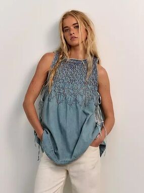 NWOT Free People Maisie Smocked Denim Mini Dress